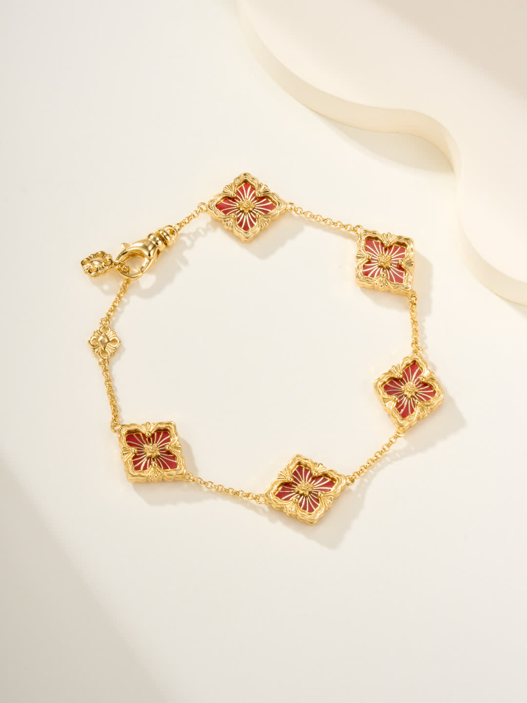 Van Cleef & Arpels Gold and Red Enamel Flower Bracelet